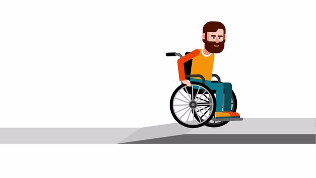 A bearded man with a disability climbs a ramp. Accessible environment for persons with disabilities. Animation with alpha channel.