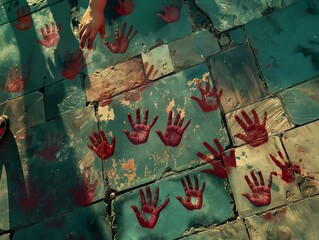 A person's hand prints are on a cement floor. The image has a dark and eerie mood, as the hand prints are red and appear to be blood. The image could be interpreted as a warning or a message