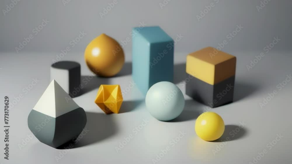 Poster 3d rendering of different colorful and grey geometric shapes located on a grey surface, potentially 