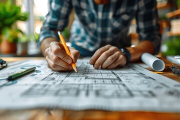 architect creating a plan with pencil on a big format paper