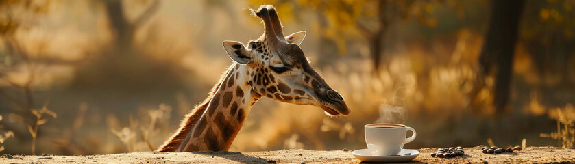 Fototapeta premium Amidst the hustle of the wild, a giraffe takes a sitting rest, coffee by its side, a picture of serenity