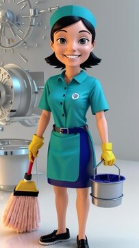3d rendering of a cartoon cleaning lady holding a broom and a bucket on a grey background, potentially used for advertising a cleaning service or for illustrating a story about a cleaning lady