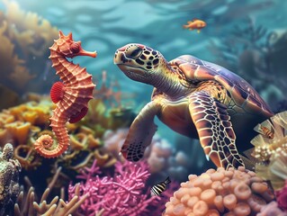 A graceful sea turtle swims alongside a majestic manta ray, gliding through the ocean depths cute