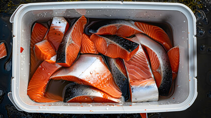 Cooler filled with fresh caught coho salmon fillets. Cut and sliced for seafood meal.