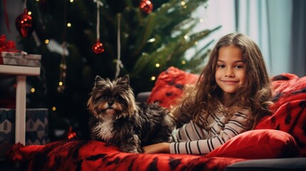 Adorable asia girl sitting on sofa by christmas tree at home.