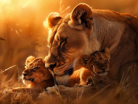 A majestic lioness nuzzles her cubs affectionately in the golden light of sunset drawing