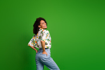 Photo of charming nice lady stand rear view posing for new sales isolated over bright color background