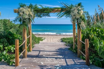 Fototapeta premium Scenic Beach Wedding Venue Archway with Ocean View and Tropical Plants on a Sunny Day
