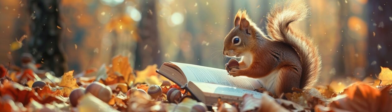 A mischievous squirrel hides a stash of acorns inside a tiny acornshaped house water color
