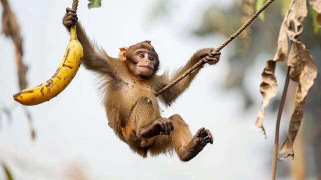 A playful monkey swings from vine to vine, holding a banana white background