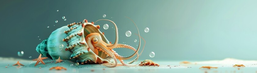 A shy squid hides inside a seashell decorated with pearls and seaweed water color