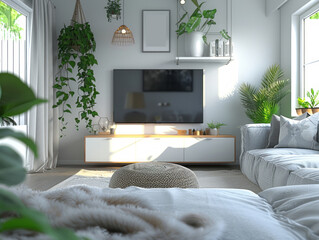 Interior Design: Living Room with Blank TV, Comfortable Couch, and Flower Pot