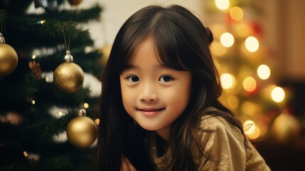 Adorable asia girl sitting on sofa by christmas tree at home.