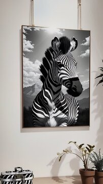 black and white artwork of a zebra in a serene landscape, displayed in framed picture in a room setting, serve as idea for interior design or showcase the artwork itself for sale or promotion