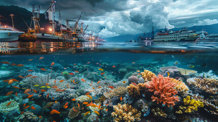 Oceanic Intersection: Industrial Port Above Coral Reef Below