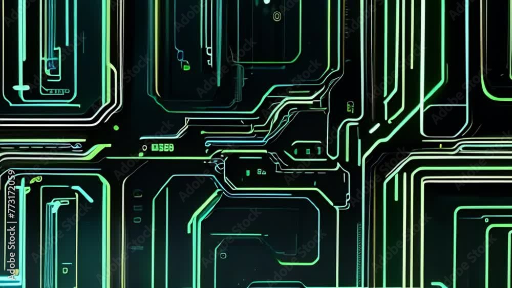 Poster futuristic and intricate circuit board design with glowing green lines and complex patterns, for background for technology presentations or as a visual representation of AI or data processing