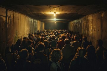 A crowd of people walking with purpose through a dimly lit tunnel - obrazy, fototapety, plakaty