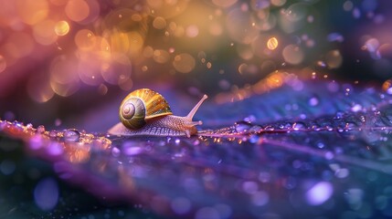 A tiny snail leaves a glittery trail of slime as it crawls across a leaf cute