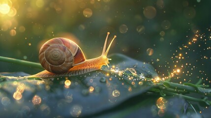 A tiny snail leaves a glittery trail of slime as it crawls across a leaf cute