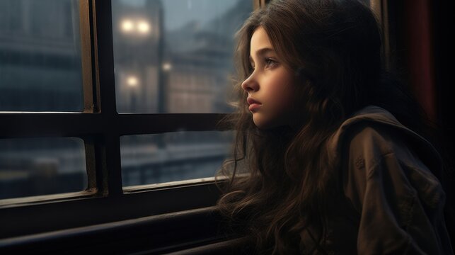 Girl sitting by the window looking into the distance