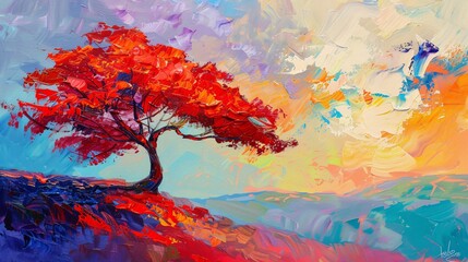 A vivid oil painting featuring a striking red acacia tree. Perfect as a banner with ample text copy space. Embrace the beauty of nature's vibrant hues
