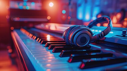 Headphones on piano keys with a blurred, luminous background. Background of musical instruments. - obrazy, fototapety, plakaty