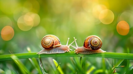 Two snails racing each other on a blade of grass cute - Powered by Adobe