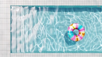 a pool with a colorful float floating in it