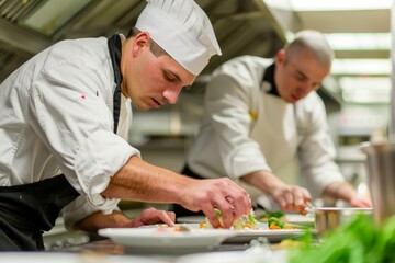 Fototapeta na wymiar Chef and sous chef collaborate in a commercial kitchen, preparing and plating food on a dish
