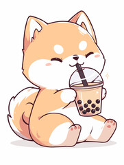 Kawaii illustrated Dog Shiba Inu Akita drinking Boba Tea Bubble Tea / Japanese Neko Anime Illustration of a cute Pet loving Boba Tea