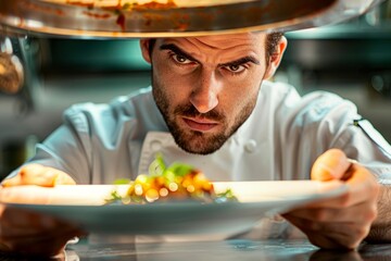 Chef examining completed dish before serving, holding plate at eye level in commercial kitchen...