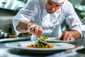 Obraz na płótnie Canvas A chef is focused on preparing food on a plate from their perspective, showing attention to detail and precision in plating