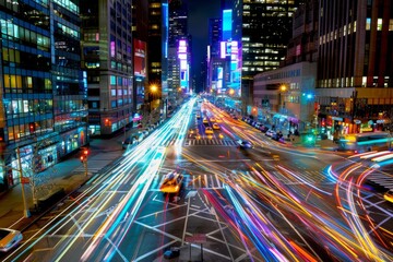 A bustling city street at night, illuminated by the vibrant glow of numerous vehicle lights as they navigate through heavy traffic