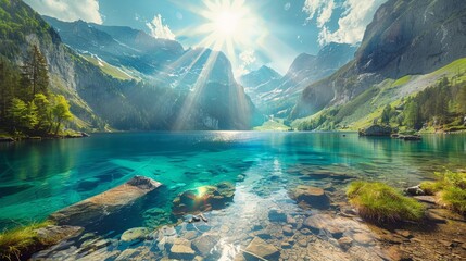 Fantastic views of the turquoise Lake Obersee under sunlight. Dramatic and picturesque scene....