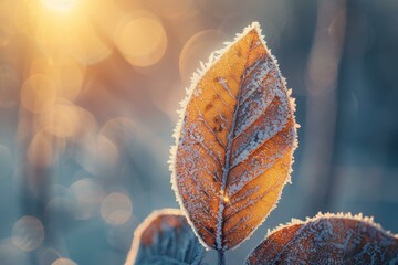 Frost Covered Autumn Leaf in Golden Morning Light, Winter Concept