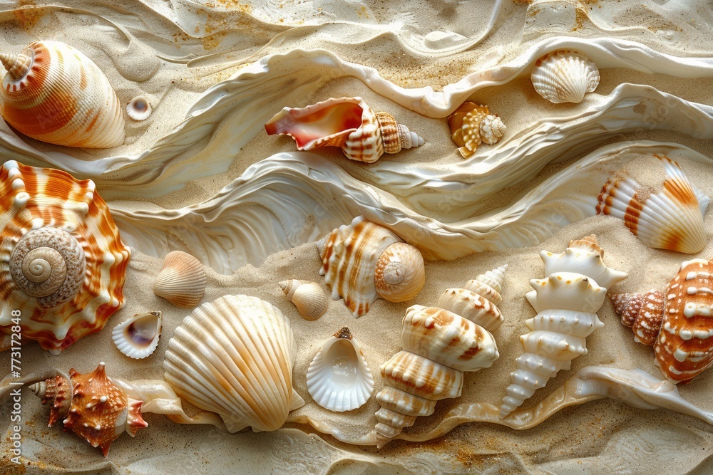 Poster assorted seashells on sandy beach texture collection of various seashell types arranged artfully on 