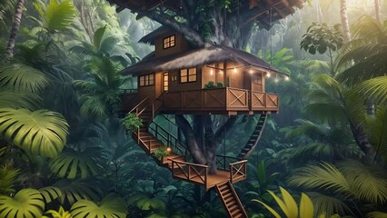  sleek, stylized treehouse nestled high in the lush canopy of a tropical rainforest, with the faint sounds of wildlife, perfect for illustrating adventurous living or eco-friendly tourism.