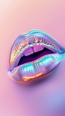 Neon iridescent lips, sensual mouth, illustration made with generative AI
