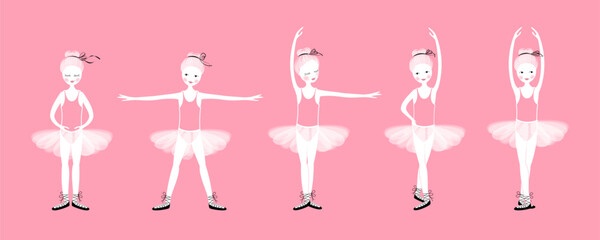 The five positions of the little ballerina, an adorable young dancer in classical dance attire, wearing a ruffled skirt. Vector illustration. Banner format.  - obrazy, fototapety, plakaty