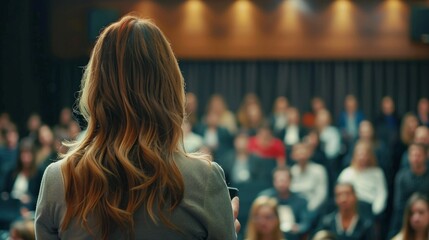 Female speaker giving a talk on corporate business conference. Unrecognizable people in audience at conference hall. Business and Entrepreneurship event