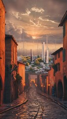 Un superbe rendu 3D d'une ville médiévale au coucher du soleil. Au loin, un paysage urbain...