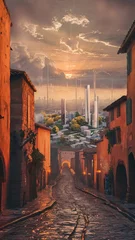 Foto op Canvas Un superbe rendu 3D d'une ville médiévale au coucher du soleil. Au loin, un paysage urbain futuriste émerge  © JLS-Prod