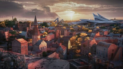 Un superbe rendu 3D d'une ville médiévale au coucher du soleil. Au loin, un paysage urbain...