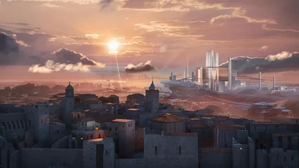 Muurstickers Un superbe rendu 3D d'une ville médiévale au coucher du soleil. Au loin, un paysage urbain futuriste émerge  © JLS-Prod