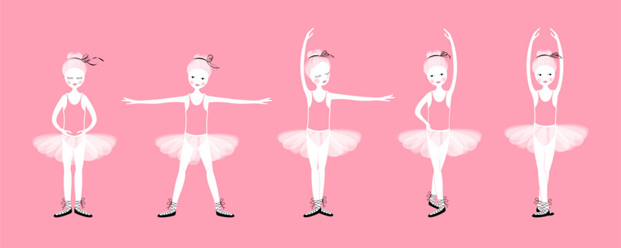 The five positions of the little ballerina, an adorable young dancer in classical dance attire, wearing a ruffled skirt. Vector illustration. Banner format. 