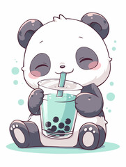 Kawaii illustrated Panda Bear drinking Boba Tea Bubble Tea / Japanese Neko Anime Illustration of a cute Pet loving Boba Tea