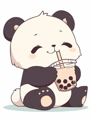 Kawaii illustrated Panda Bear drinking Boba Tea Bubble Tea / Japanese Neko Anime Illustration of a cute Pet loving Boba Tea