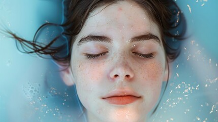 a woman with freckles lying in water