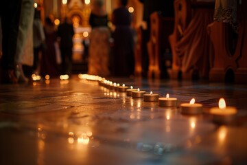 Detail shot of lit candles arranged neatly on the floor of a church, casting a warm glow