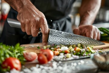 Closeup of a person using a chefs knife to cut vegetables on a cutting board with precision - obrazy, fototapety, plakaty